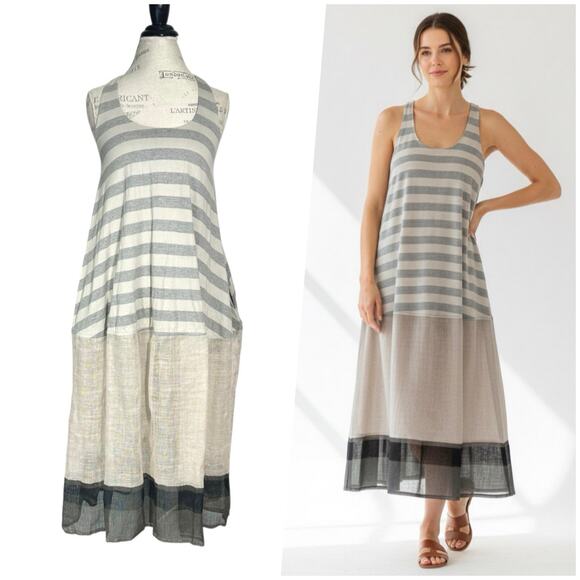 Tanto Mar | Women | Mix Media Linen Jersey Lagenlook Racer Back Midi Dress | OS - Picture 1 of 16